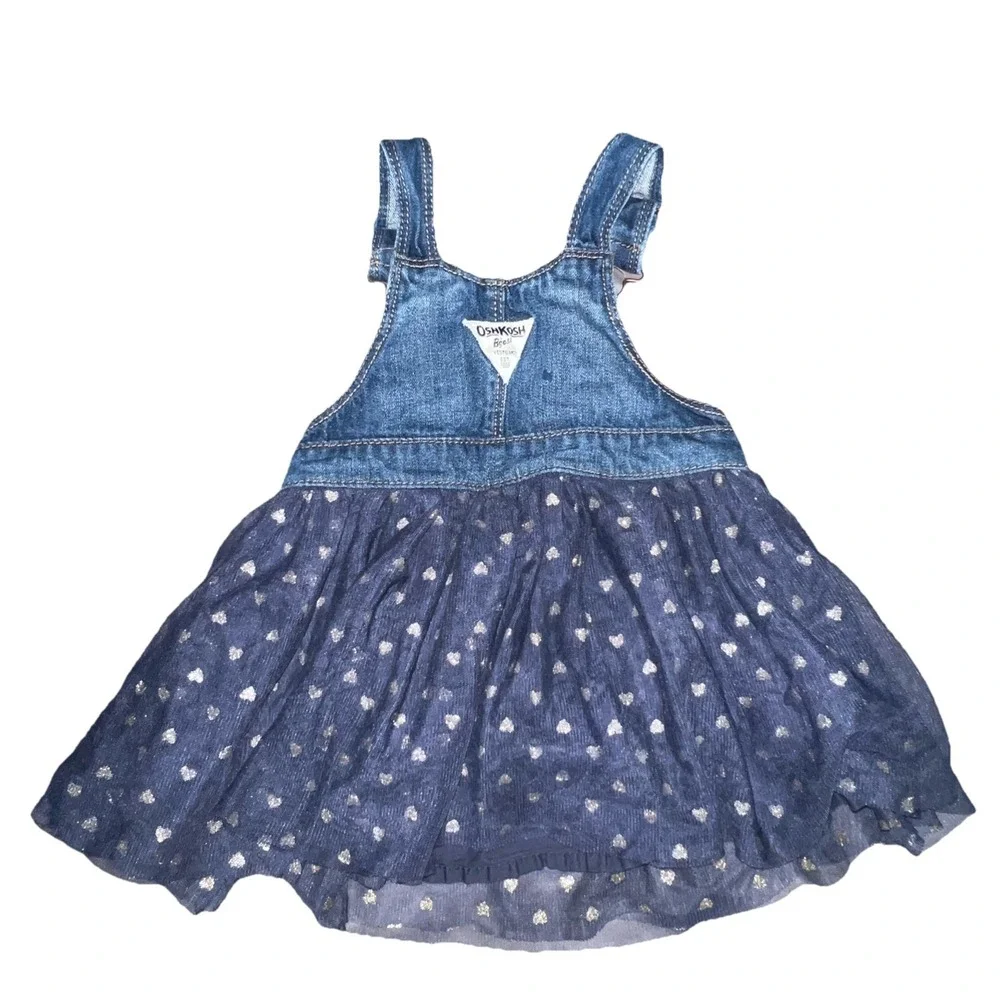 OshKosh Vestbak Baby Girls 18 Month Denim and Tulle Metallic Heart Overall Dress - Picture 3 of 6